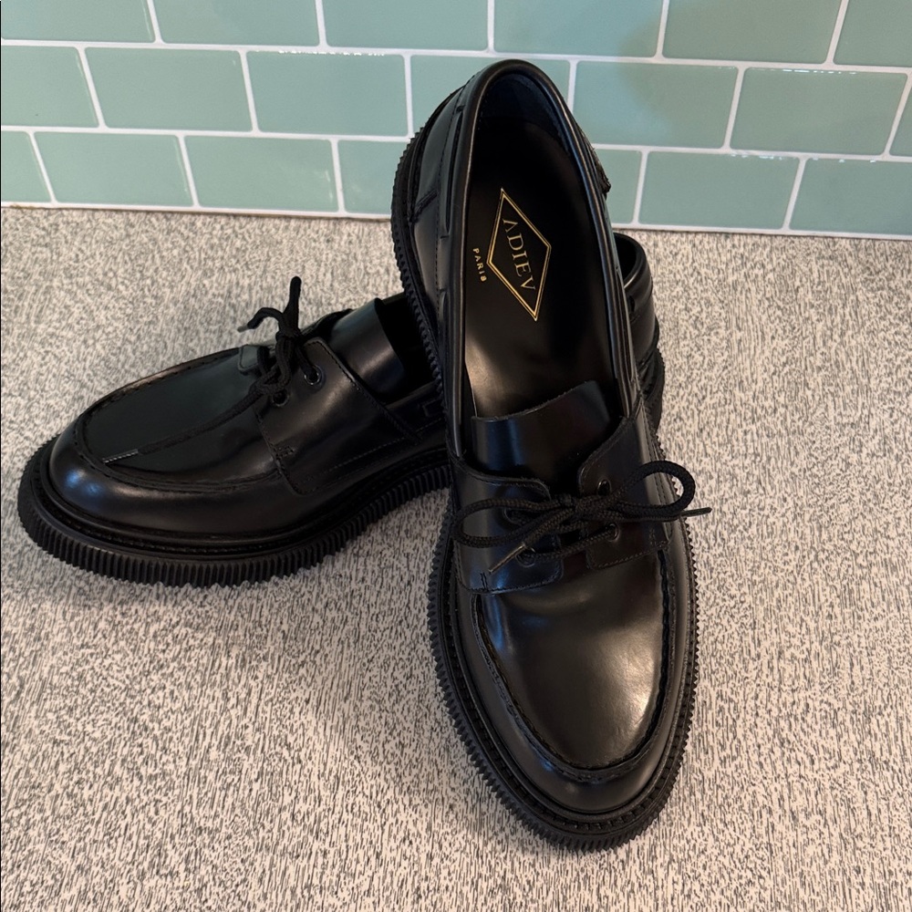 Adieu Paris, Black Leather Creeper Shoes, Mens sz44, EUC Boat Derby, Type 174
